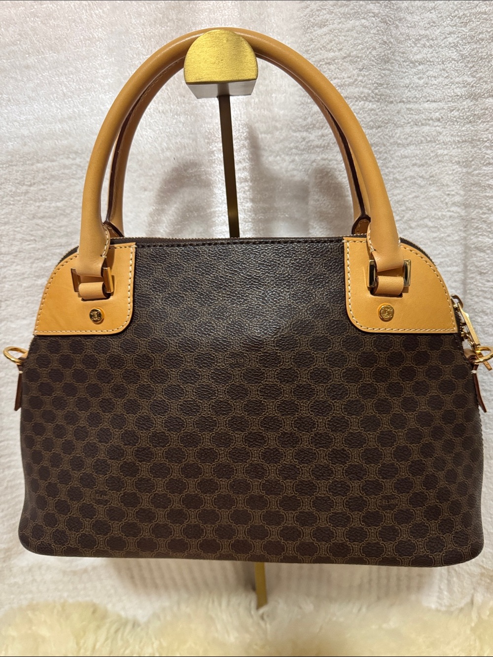 Celine Brown Patterned Satchel with Tan Leather Trim